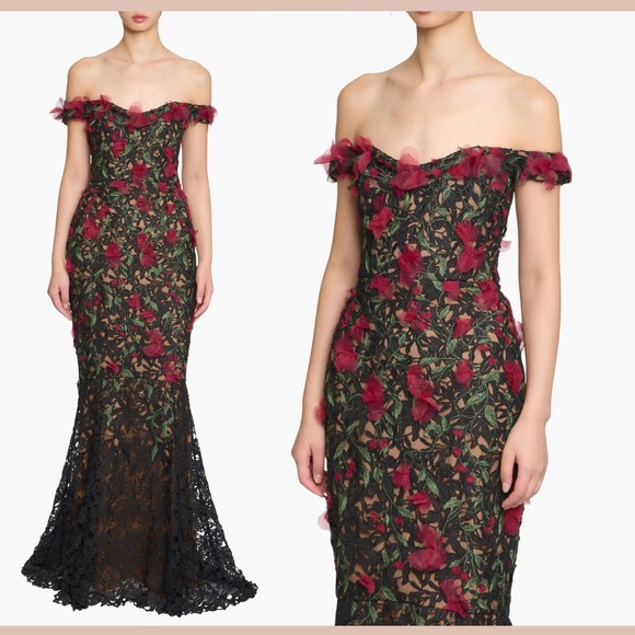Marchesa Dresses & Skirts - NEW $1095 Marchesa Notte [ 6 ] Guipure Lace Off Shoulder Gown Red Black #J2150